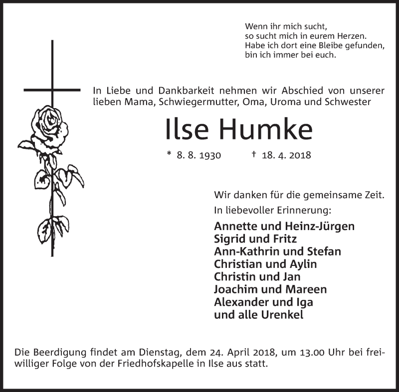  Traueranzeige für Ilse Humke vom 21.04.2018 aus Mindener Tageblatt