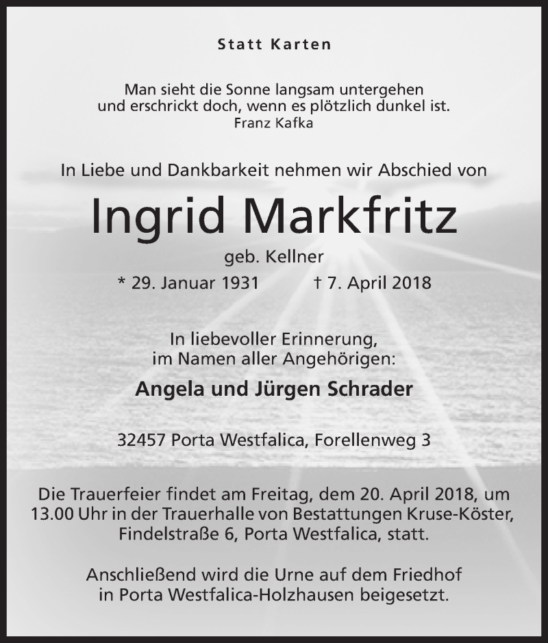  Traueranzeige für Ingrid Markfritz vom 14.04.2018 aus Mindener Tageblatt