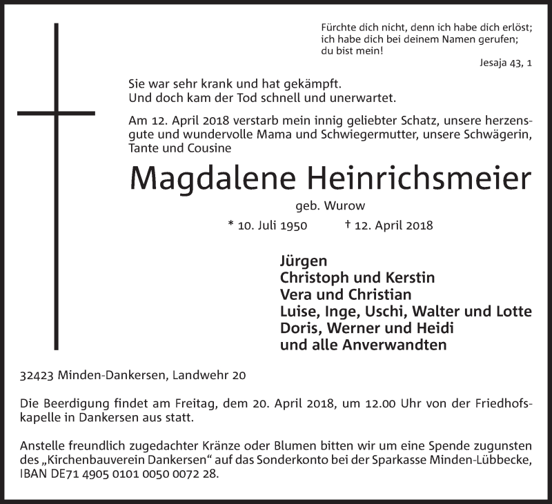  Traueranzeige für Magdalene Heinrichsmeier vom 16.04.2018 aus Mindener Tageblatt