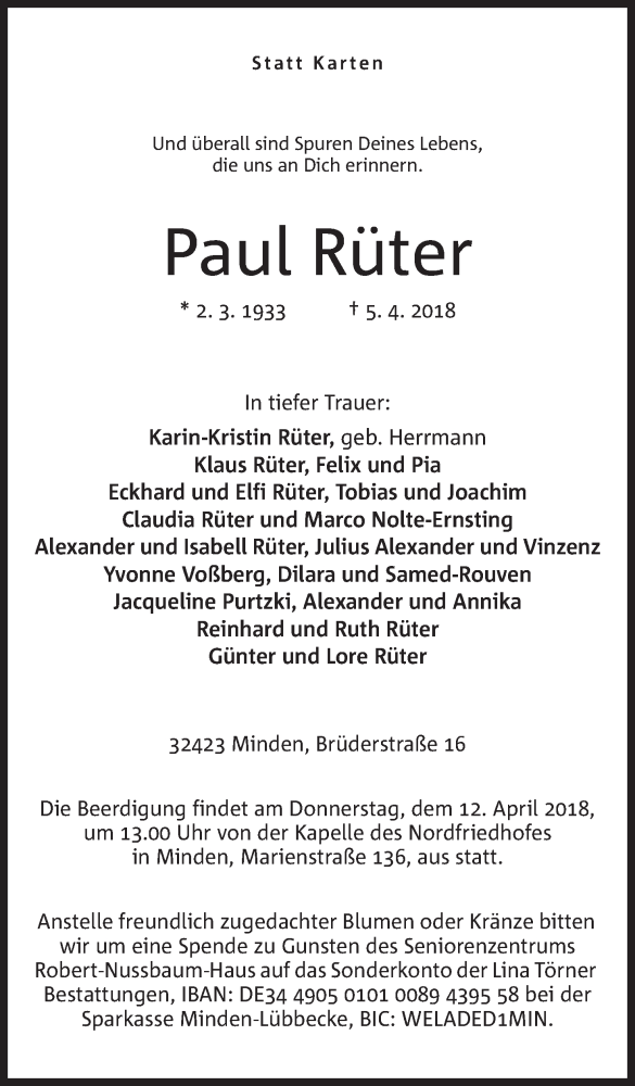  Traueranzeige für Paul Rüter vom 10.04.2018 aus Mindener Tageblatt