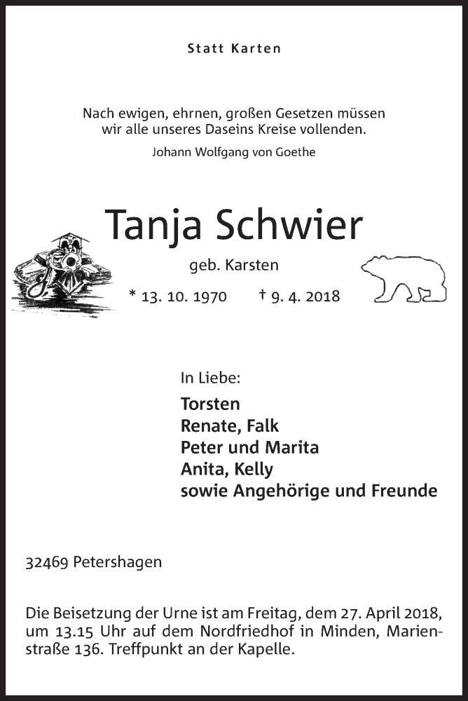  Traueranzeige für Tanja Schwier vom 21.04.2018 aus Mindener Tageblatt