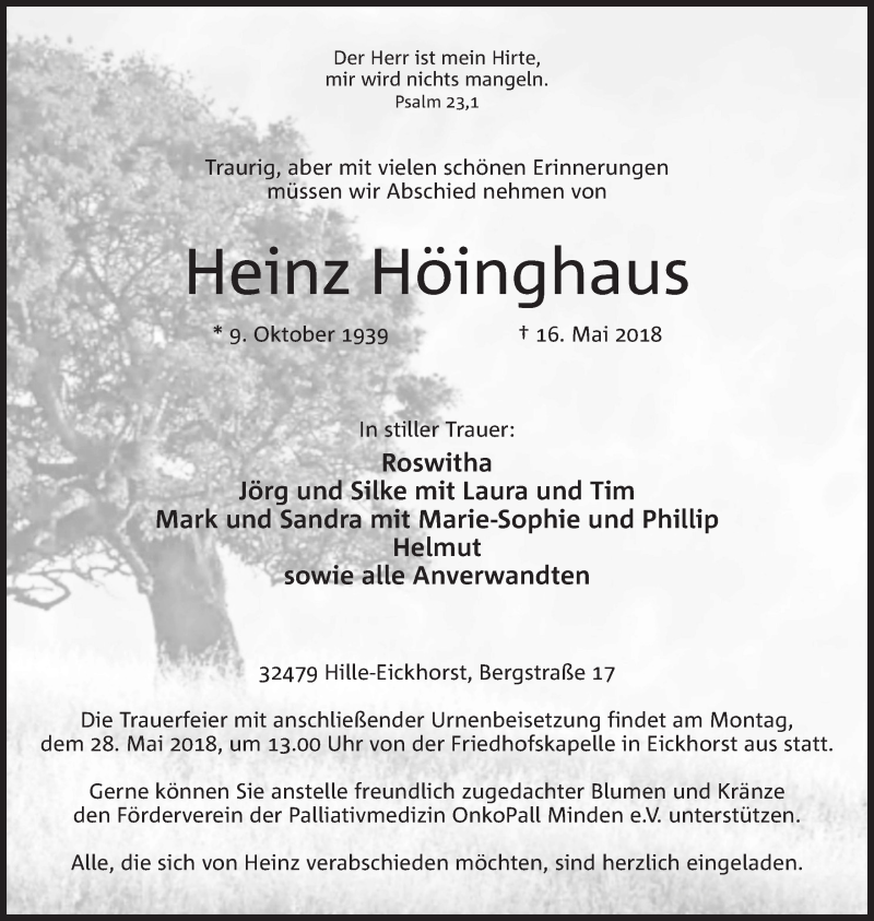  Traueranzeige für Heinz Höinghaus vom 19.05.2018 aus Mindener Tageblatt
