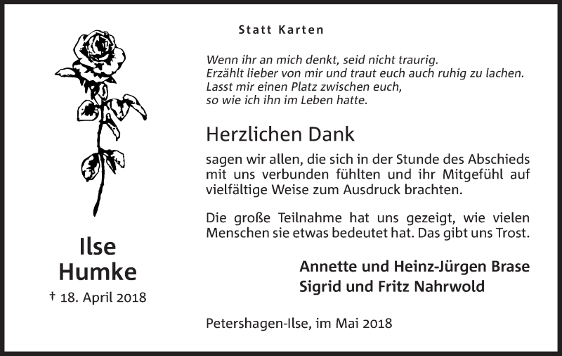  Traueranzeige für Ilse Humke vom 26.05.2018 aus Mindener Tageblatt