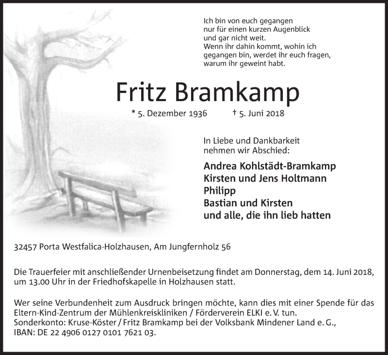  Traueranzeige für Fritz Bramkamp vom 09.06.2018 aus Mindener Tageblatt