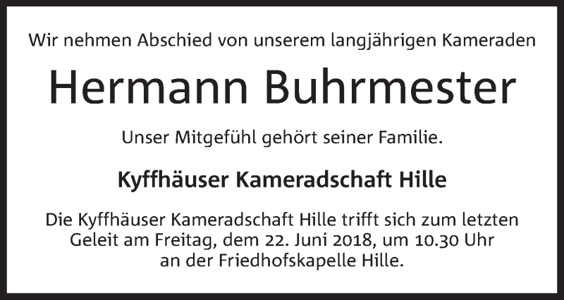  Traueranzeige für Hermann Buhrmester vom 21.06.2018 aus Mindener Tageblatt