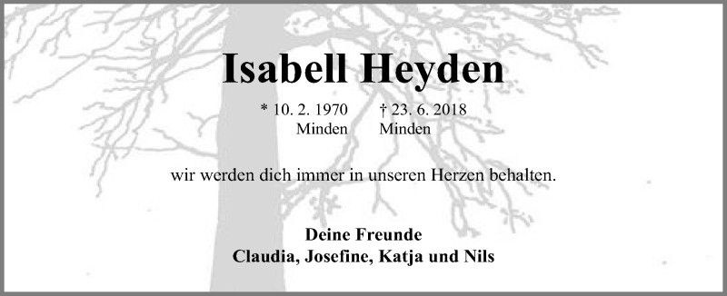  Traueranzeige für Isabell Heyden vom 30.06.2018 aus Mindener Tageblatt
