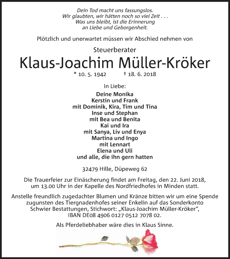  Traueranzeige für Klaus-Joachim Müller-Kröker vom 19.06.2018 aus Mindener Tageblatt