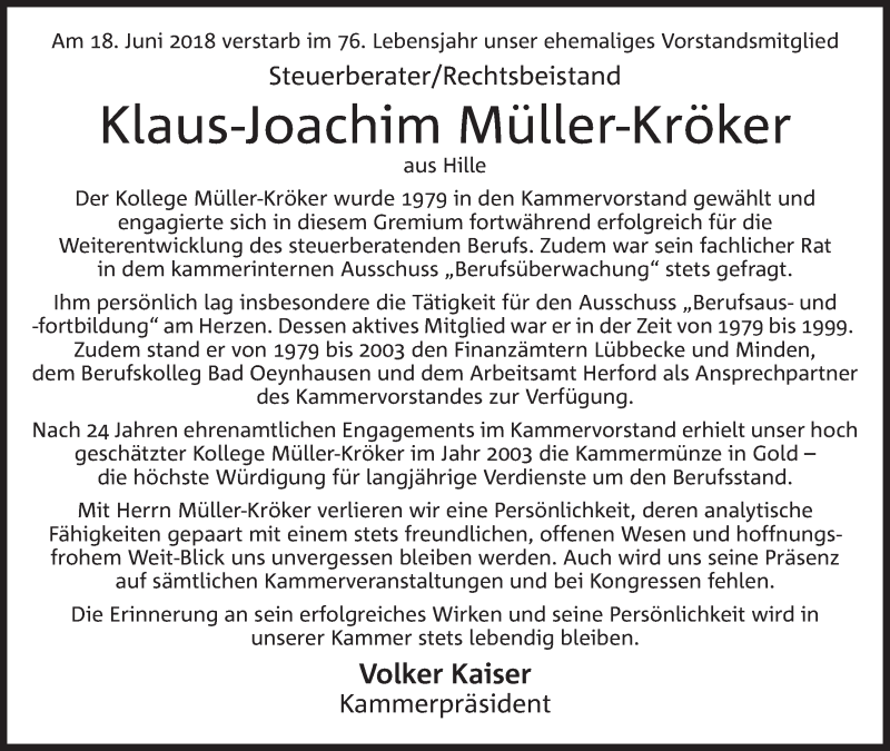  Traueranzeige für Klaus-Joachim Müller-Kröker vom 23.06.2018 aus Mindener Tageblatt