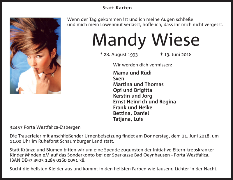  Traueranzeige für Mandy Wiese vom 14.06.2018 aus Mindener Tageblatt