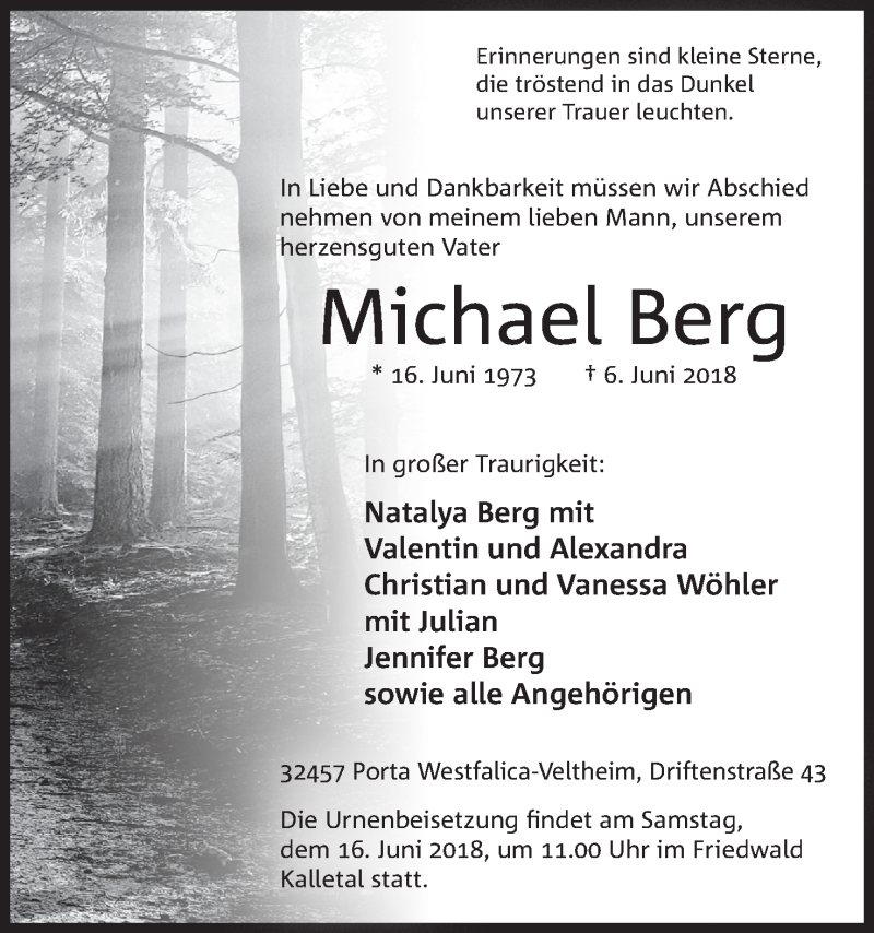  Traueranzeige für Michael Berg vom 09.06.2018 aus Mindener Tageblatt