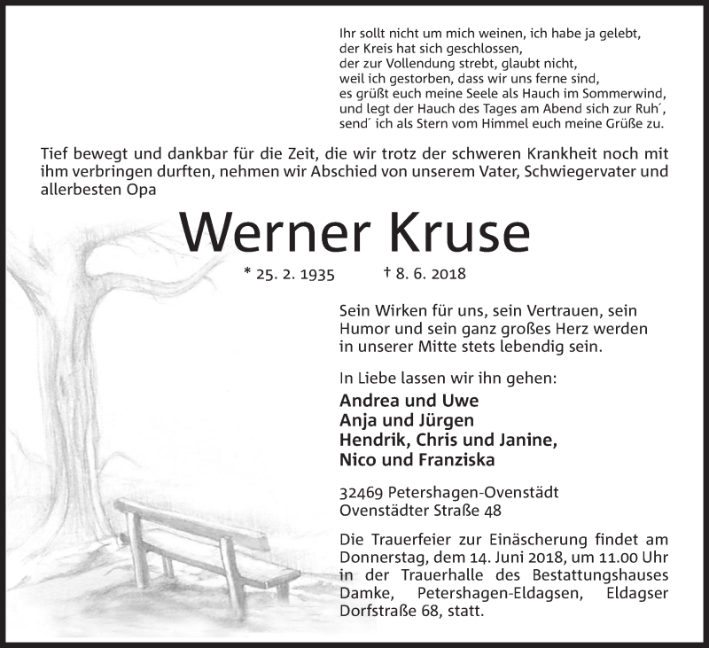  Traueranzeige für Werner Kruse vom 09.06.2018 aus Mindener Tageblatt