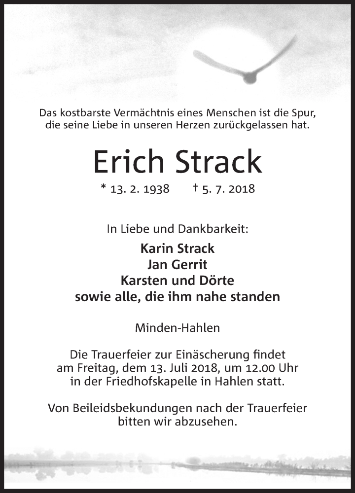  Traueranzeige für Erich Strack vom 10.07.2018 aus Mindener Tageblatt