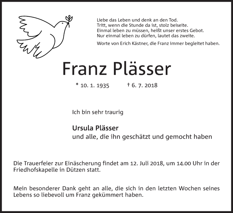  Traueranzeige für Franz Plässer vom 07.07.2018 aus Mindener Tageblatt