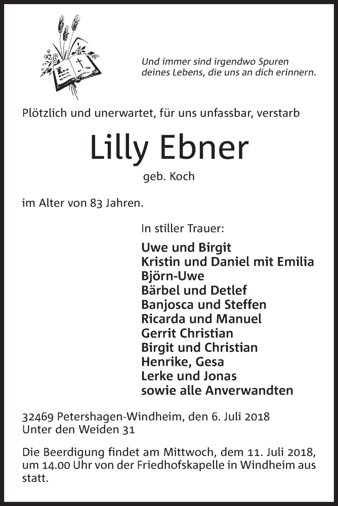  Traueranzeige für Lilly Ebner vom 09.07.2018 aus Mindener Tageblatt