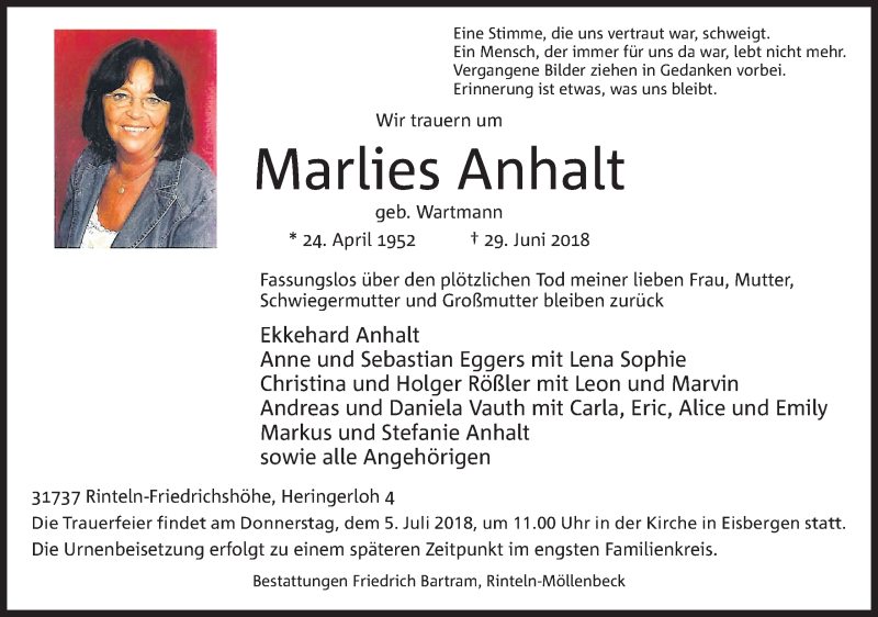  Traueranzeige für Marlies Anhalt vom 04.07.2018 aus Mindener Tageblatt