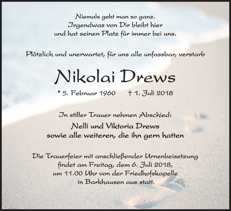  Traueranzeige für Nikolai Drews vom 04.07.2018 aus Mindener Tageblatt