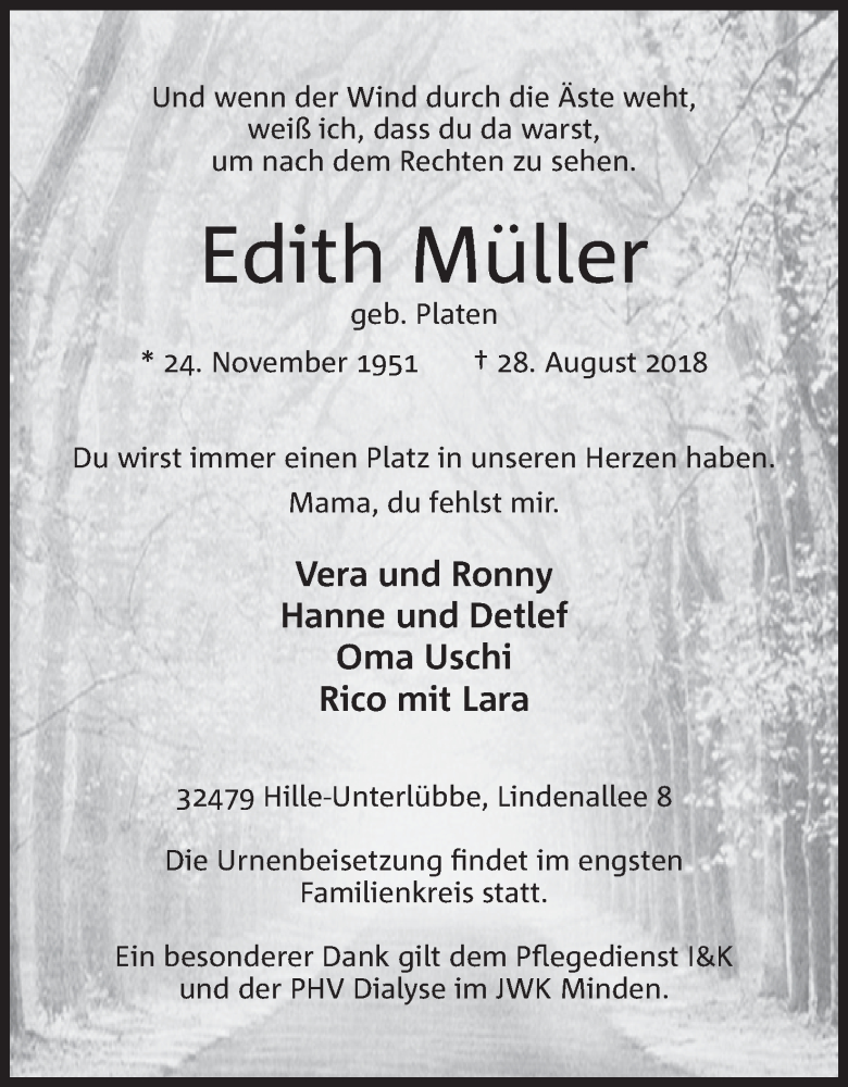  Traueranzeige für Edith Müller vom 30.08.2018 aus Mindener Tageblatt
