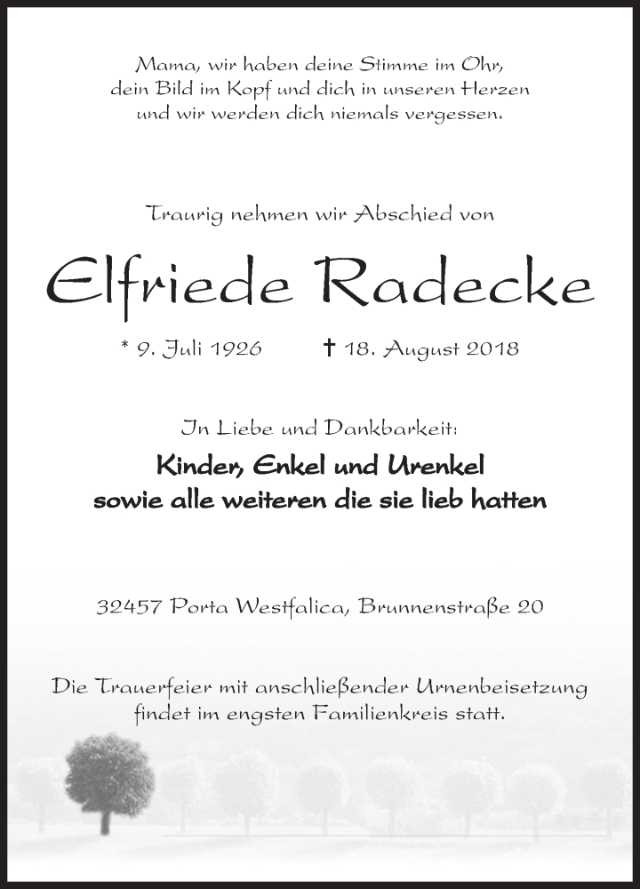  Traueranzeige für Elfriede Radecke vom 25.08.2018 aus Mindener Tageblatt