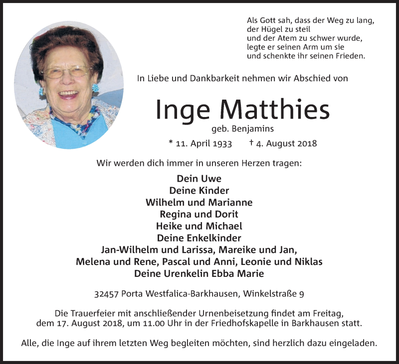  Traueranzeige für Inge Matthies vom 13.08.2018 aus Mindener Tageblatt