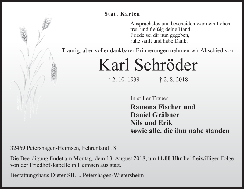  Traueranzeige für Karl Schröder vom 09.08.2018 aus Mindener Tageblatt