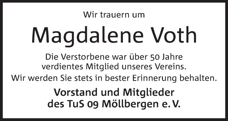  Traueranzeige für Magdalene Voth vom 04.08.2018 aus Mindener Tageblatt