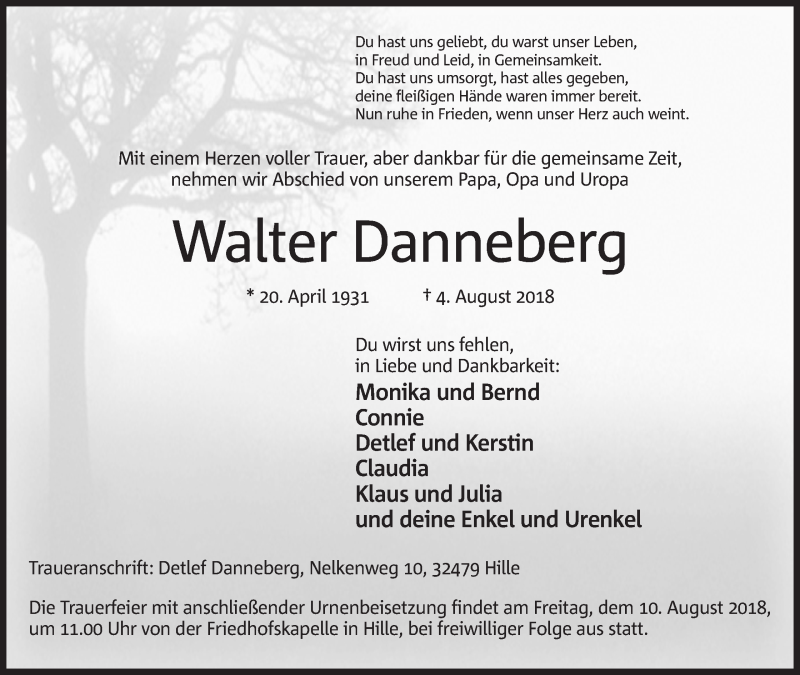  Traueranzeige für Walter Danneberg vom 06.08.2018 aus Mindener Tageblatt