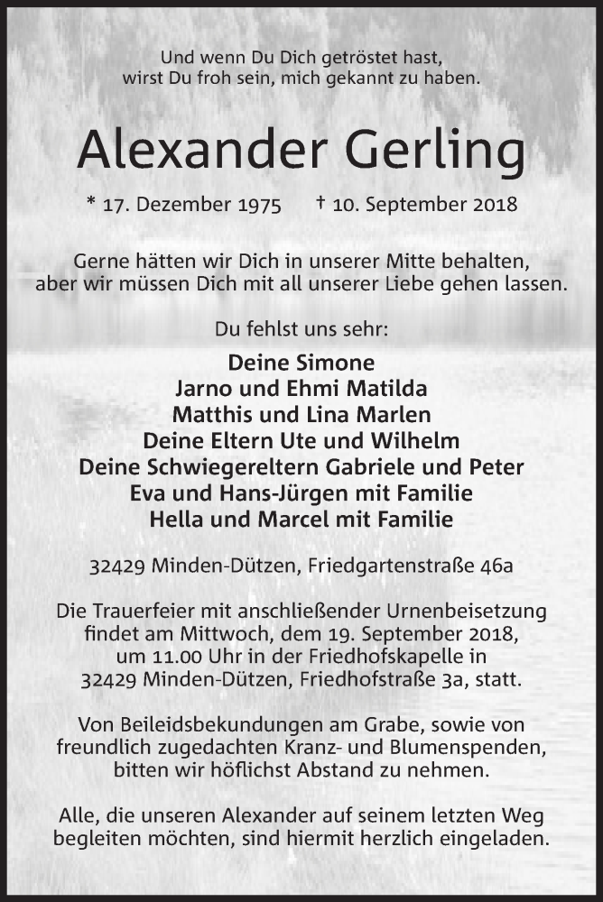  Traueranzeige für Alexander Gerling vom 15.09.2018 aus Mindener Tageblatt