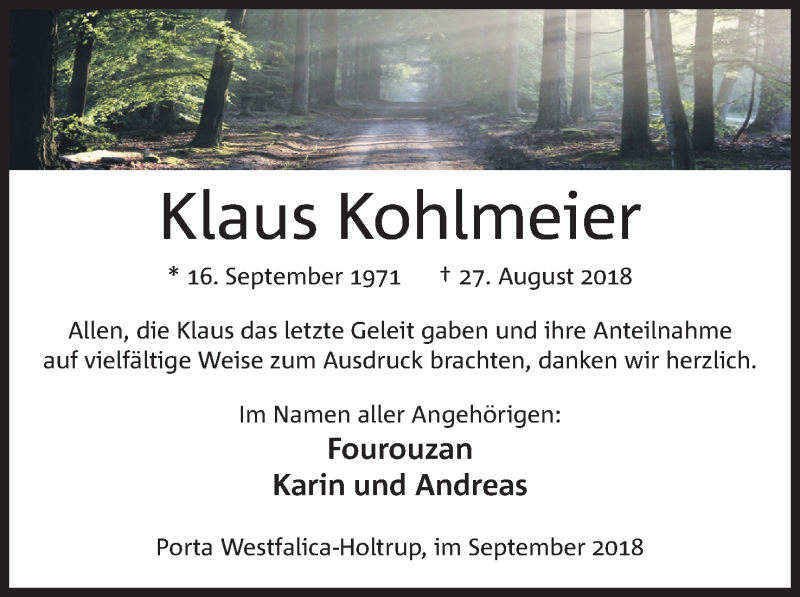  Traueranzeige für Klaus Kohlmeier vom 29.09.2018 aus Mindener Tageblatt