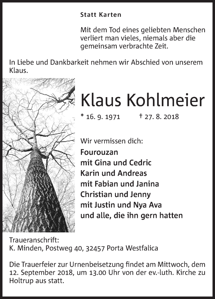  Traueranzeige für Klaus Kohlmeier vom 01.09.2018 aus Mindener Tageblatt