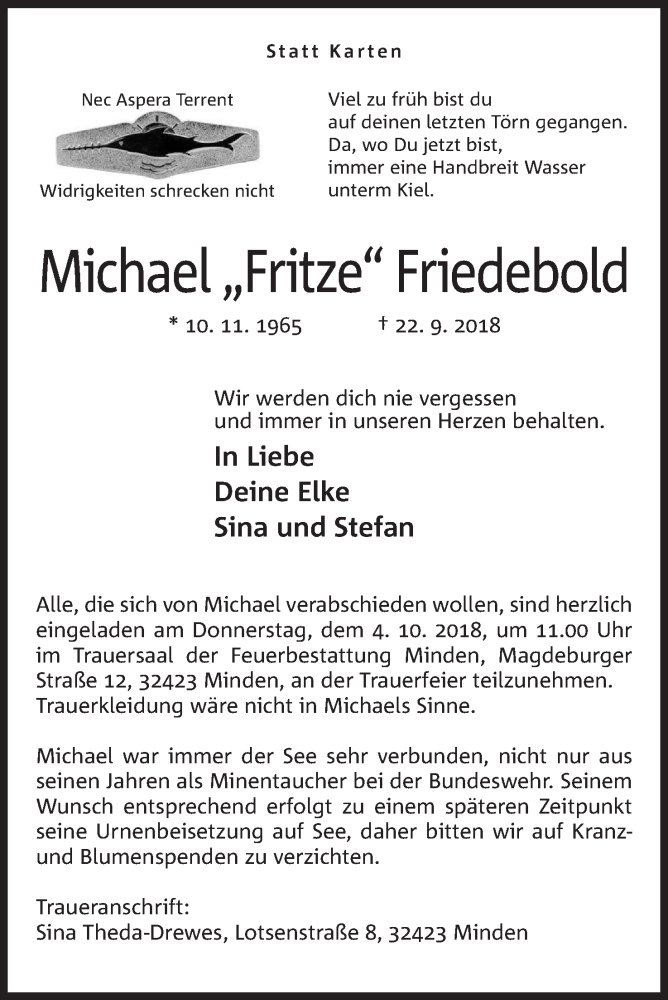  Traueranzeige für Michael Friedebold vom 29.09.2018 aus Mindener Tageblatt