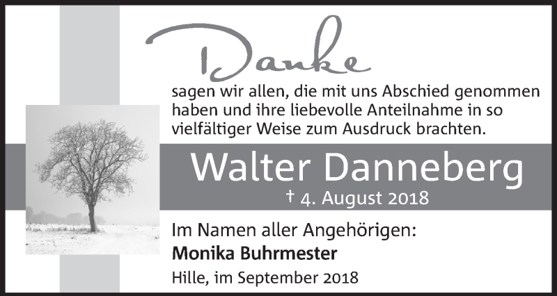  Traueranzeige für Walter Danneberg vom 01.09.2018 aus Mindener Tageblatt