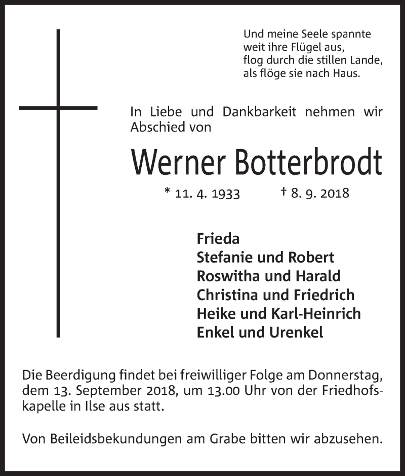  Traueranzeige für Werner Botterbrodt vom 10.09.2018 aus Mindener Tageblatt