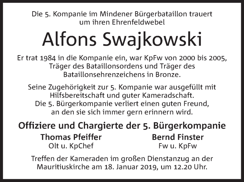  Traueranzeige für Alfons Swajkowski vom 12.01.2019 aus Mindener Tageblatt