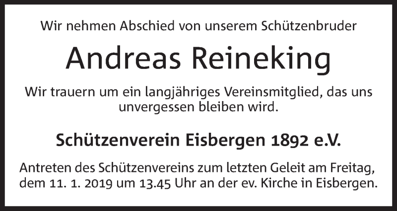  Traueranzeige für Andreas Reineking vom 07.01.2019 aus Mindener Tageblatt