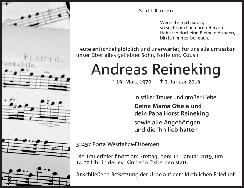  Traueranzeige für Andreas Reineking vom 05.01.2019 aus Mindener Tageblatt
