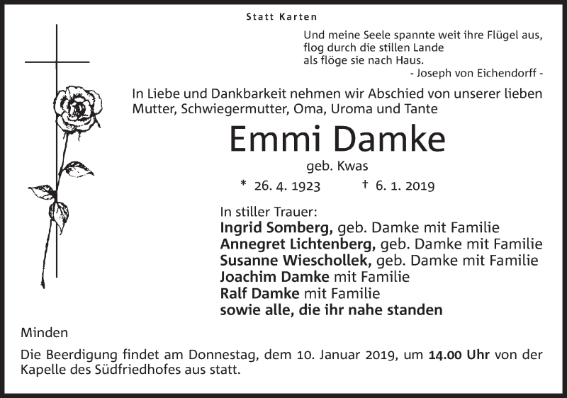  Traueranzeige für Emmi Damke vom 08.01.2019 aus Mindener Tageblatt