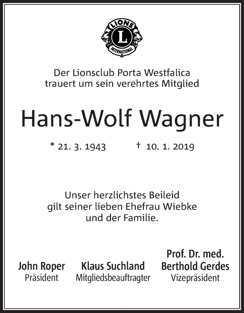  Traueranzeige für Hans-Wolf Wagner vom 12.01.2019 aus Mindener Tageblatt