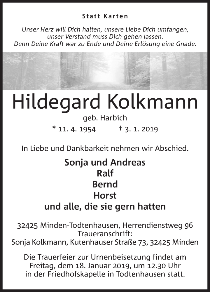  Traueranzeige für Hildegard Kolkmann vom 12.01.2019 aus Mindener Tageblatt