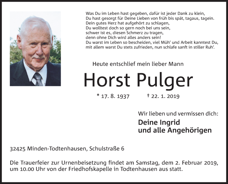  Traueranzeige für Horst Pulger vom 26.01.2019 aus Mindener Tageblatt