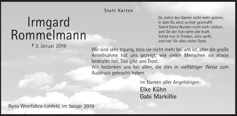 Traueranzeige für Irmgard Rommelmann vom 26.01.2019 aus Mindener Tageblatt