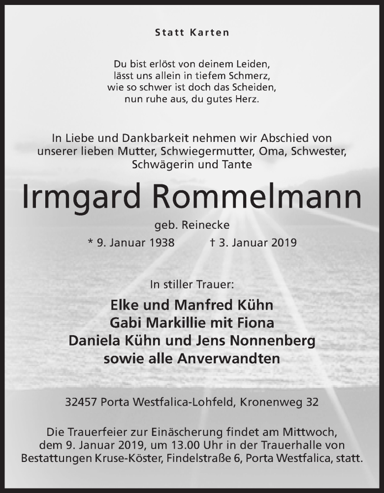  Traueranzeige für Irmgard Rommelmann vom 05.01.2019 aus Mindener Tageblatt