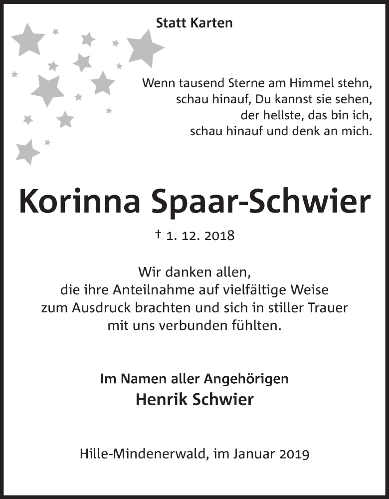  Traueranzeige für Korinna Spaar-Schwier vom 05.01.2019 aus Mindener Tageblatt
