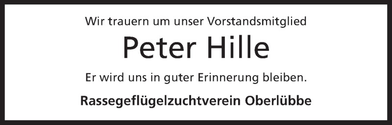  Traueranzeige für Peter Hille vom 26.01.2019 aus Mindener Tageblatt