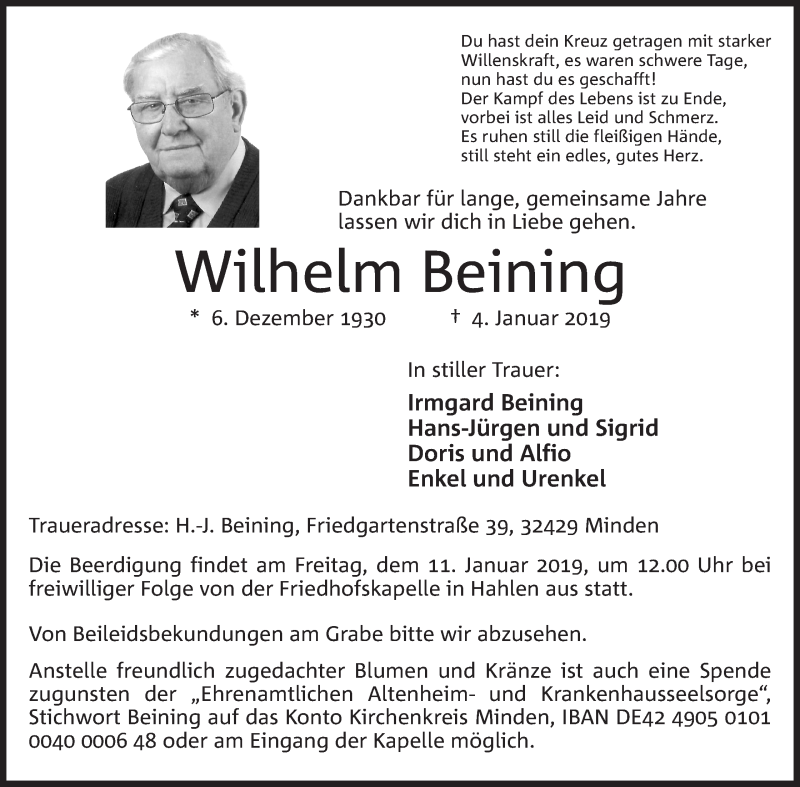  Traueranzeige für Wilhelm Beining vom 08.01.2019 aus Mindener Tageblatt