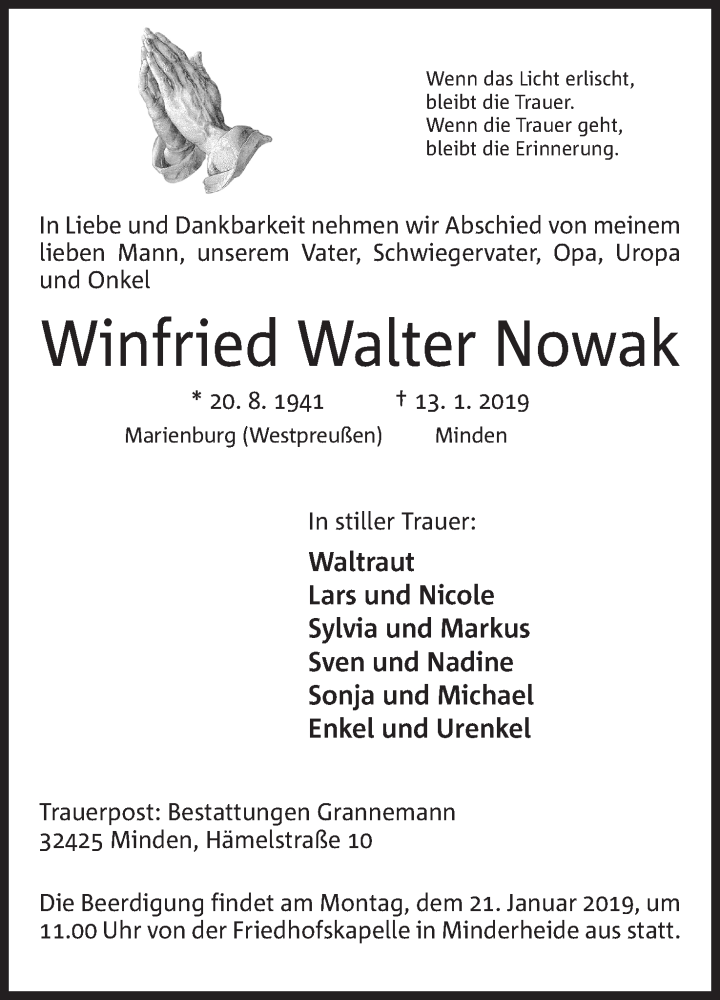  Traueranzeige für Winfried Walter Nowak vom 16.01.2019 aus Mindener Tageblatt