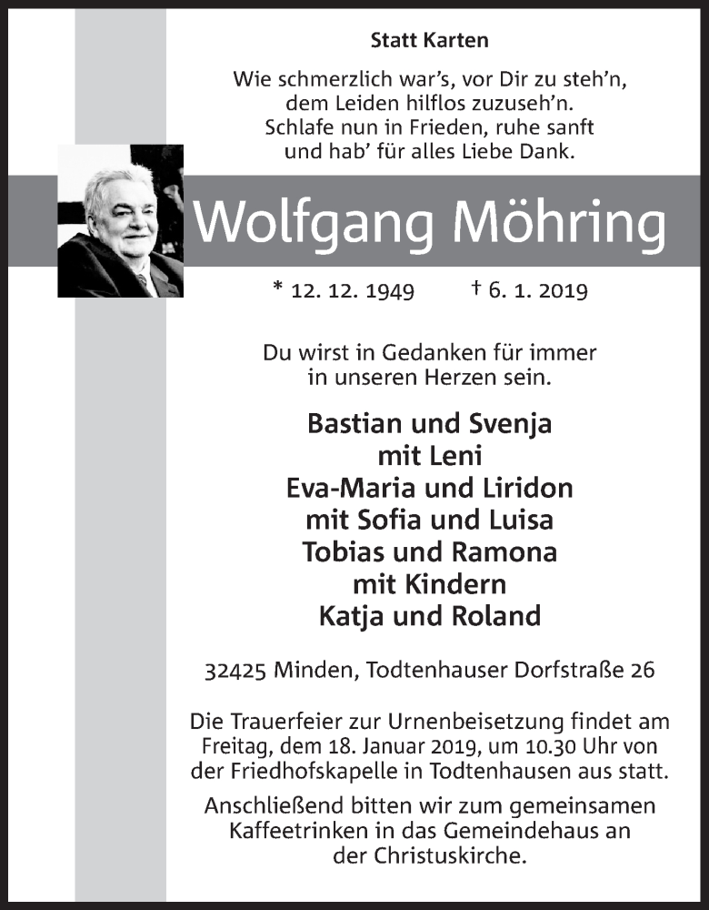 Traueranzeige für Wolfgang Möhring vom 12.01.2019 aus Mindener Tageblatt