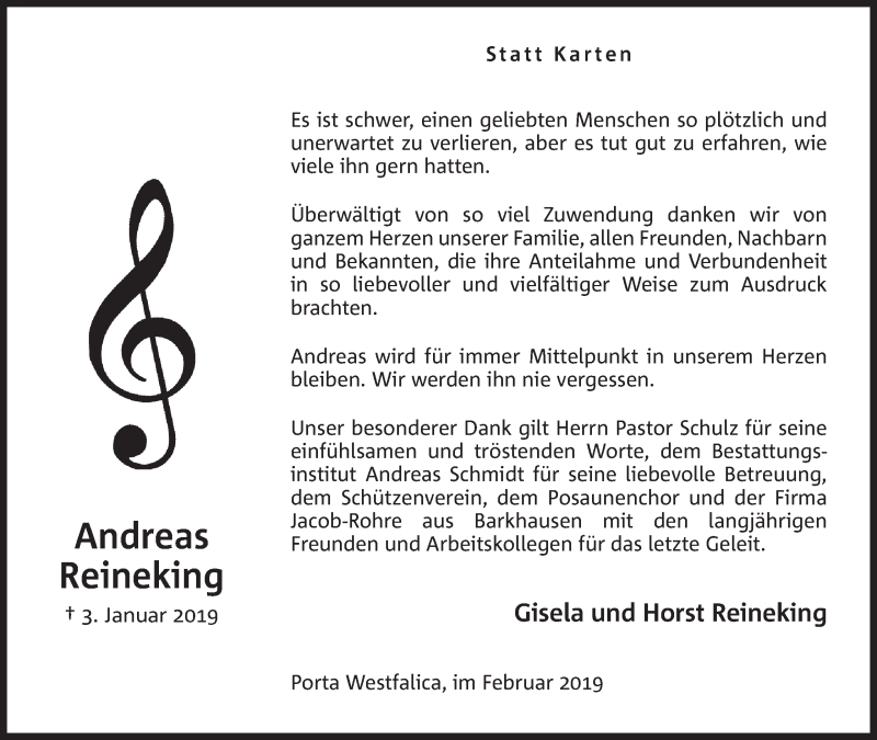  Traueranzeige für Andreas Reineking vom 02.02.2019 aus Mindener Tageblatt
