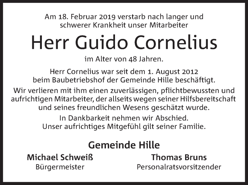  Traueranzeige für Guido Cornelius vom 20.02.2019 aus Mindener Tageblatt