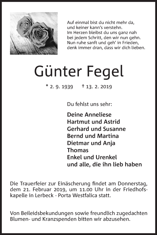  Traueranzeige für Günter Fegel vom 16.02.2019 aus Mindener Tageblatt
