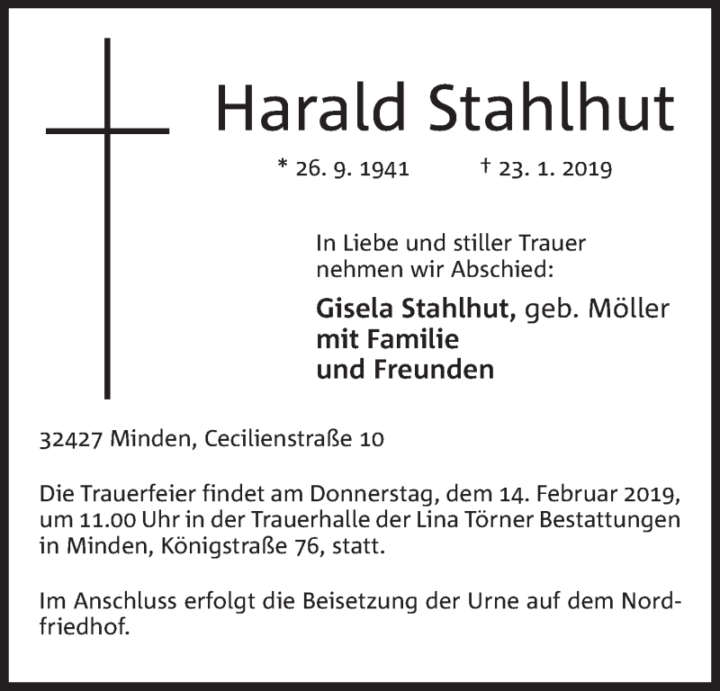  Traueranzeige für Harald Stahlhut vom 09.02.2019 aus Mindener Tageblatt